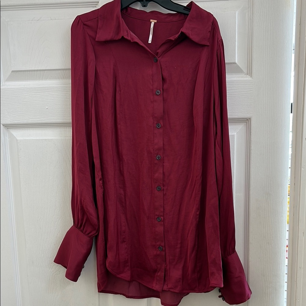 Free People Red Long Sleeve Button Down Shirt
